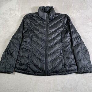 Kenneth Cole Reaction Jacket Womens Medium Black Quilted Puffer Full Zip Chevron